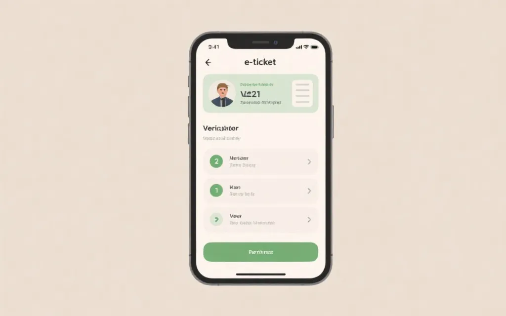 手机上显示电子票页面与验证流程的抽象插画，干净简洁